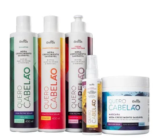 Quero Cabelão D-Panthenol Biotin Solar Filter Castor Oil Kit 5 Products - Griffus