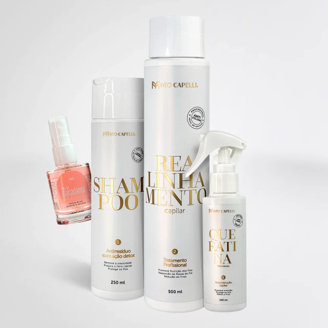 Kit Progressiva Orgânica (Shampoo, máscara e finalizador) + Óleo da Macadâmia Mio Capelli