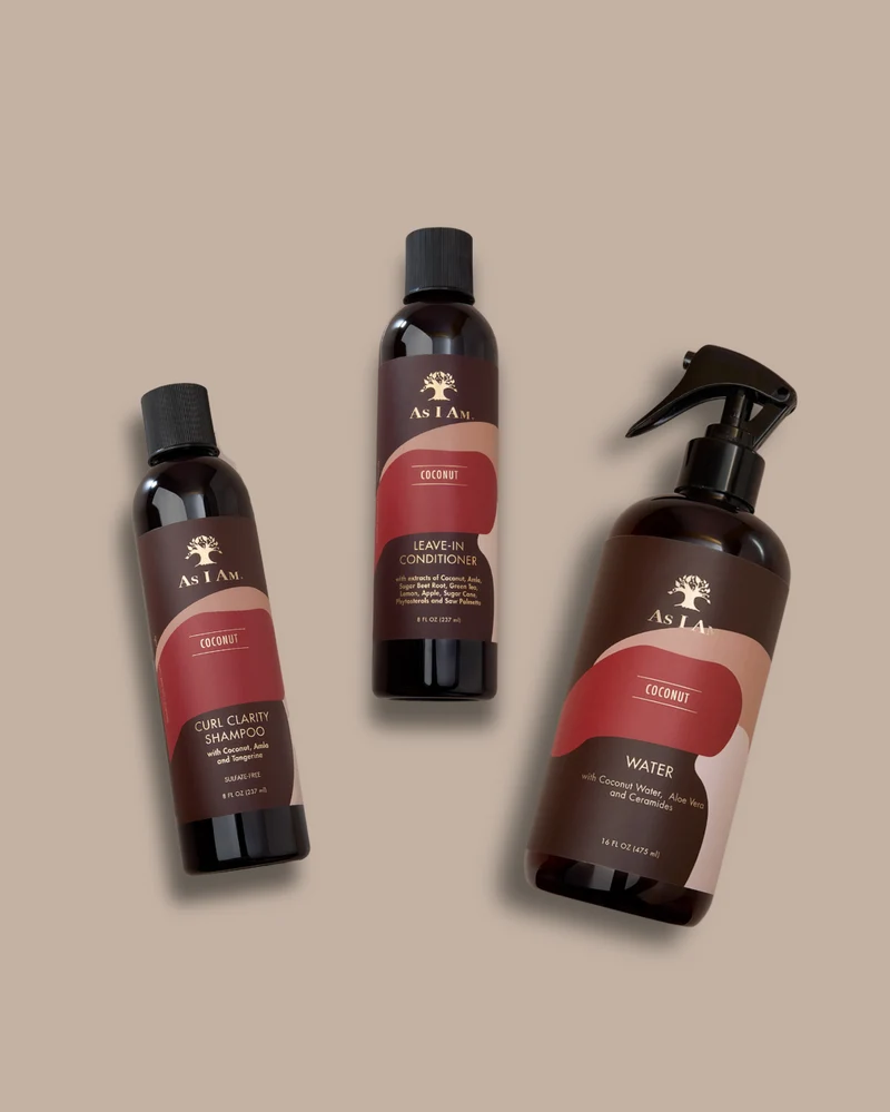 Eau de coco, shampooing Curl Clarity et après-shampooing sans rinçage à la noix de coco