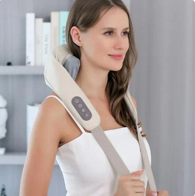 Nacken- & Schultermassagegerät mit Wärmefunktion | 3 Modi, 2 Geschwindigkeiten, 6 Massageköpfe | Kabellos & USB-C, 10-Min Timer