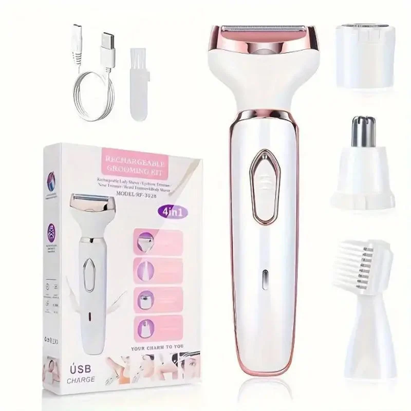 4-in-1 Elektrorasierer für Frauen kabellos | 4 Aufsätze: Rasur, Trimmen, Peeling, Gesichtsreinigung | 90 Min Akku | IPX6